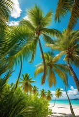 Obraz premium lush tropical landscape featuring crystal clear beaches graceful swaying palm trees under bright blue sky, water, nature, vibrant, island, scenery, coast