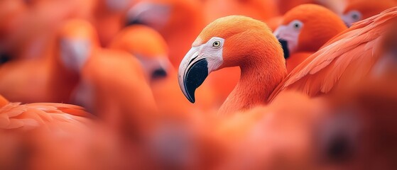 Obraz premium A group of flamingos stands amongst an expansive assembly of orange flamingos