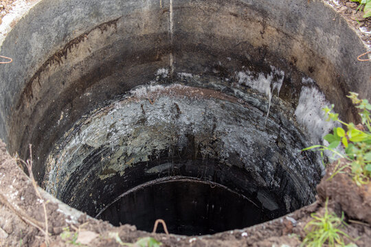 Dirty concrete well. White mold and limescale on the walls of the sewer. Silt in the cesspool