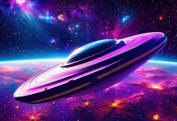 Obraz premium stunning spacecraft surrounded vibrant starry backdrop colorful nebulae distant galaxies, stars, galaxy, cosmos, celestial, universe, night, astronomy