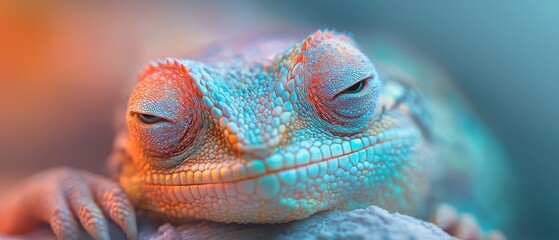 Fototapeta premium A tight shot of a chameleon's face, with wide-open eyes, perched on a rock