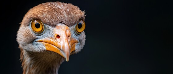 Fototapeta premium A tight shot of a bird's orange beak against a dark backdrop, framing its brown head