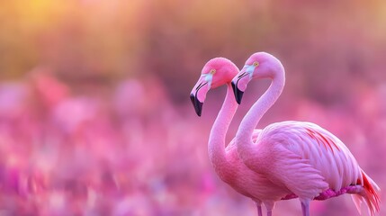  Two pink flamingos together on a field of pink tulips Yellow backdrop sky