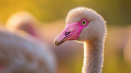 Fototapeta premium A tight shot of a flamingo's head with a hazy backdrop of other flamingos