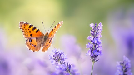  A tight shot of a butterfly perched on a purple-flowered plant, with a softly blurred background