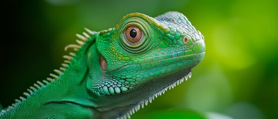 Fototapeta premium A tight shot of a green iguana perched on a branch against a softly blurred backdrop of green foliage