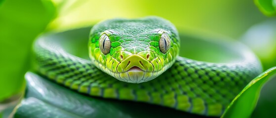 Fototapeta premium A tight shot of a green snake's head hovering above a green plant, surrounded by leaves in the background