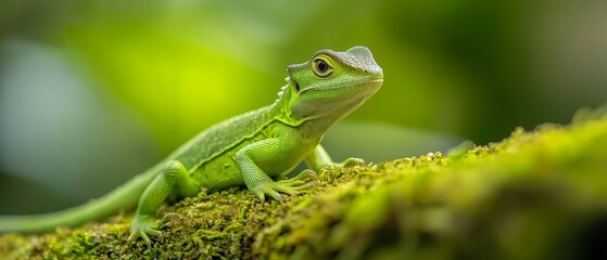 Fototapeta premium A tight shot of a green lizard perched on a moss-covered branch, surrounded by an indistinct backdrop of trees and foliage