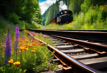 Fototapeta premium vibrant wildflowers flourishing alongside abandoned train tracks rustic charm beauty, nature, landscape, growth, greenery, scenery, bloom, petal, color, field