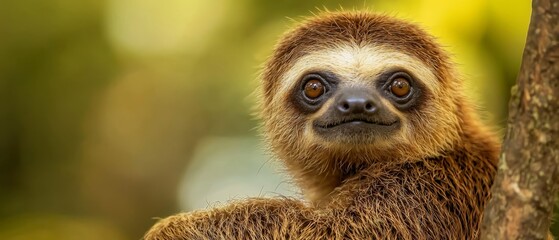 Fototapeta premium A tight shot of a sloth - brown and white in hue - clinging to a tree branch against a softly blurred backdrop of green