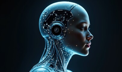 Futuristic robotic head with digital circuits and headphones, symbolizing advanced AI technology and innovation in the digital era.