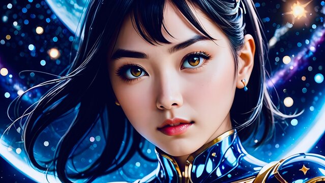 An astrological girl from Pleiades enhanced by cybernetics. Ideal for design of books cover or articles illustration, profile picture, items background design - T-shirts, mugs and etc.