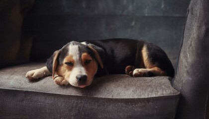 Cute happy puppy sleeping on sofa 