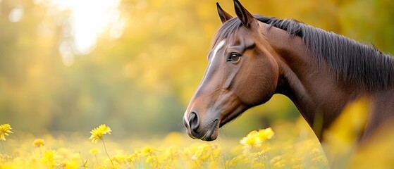  A tight shot of a horse grazing in a flower-filled meadow Surrounding scenery of trees and yellow blossoms softly blurred