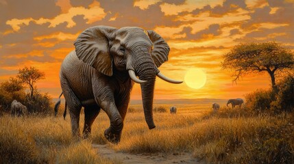 Fototapeta premium Majestic Elephant Walking at Sunset on African Savanna