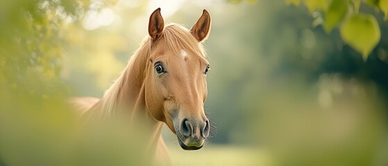 Fototapeta premium A tight shot of a horse's face, trees and grass blurred in the foreground background
