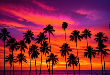 Naklejka premium stunning palm tree silhouettes set vibrant sunset sky rich colors dramatic lighting, backdrop, nature, tropical, landscape, horizon, orange, pink, purple