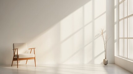 White empty room with a chair and plant and natural light from a big window. Minimalistic design background. Mock up for designers. Scandinavian minimalist interior.