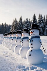 Row of Snowmen with Top Hats and Scarves in Winter Landscape