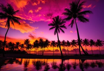 Obraz premium vibrant silhouettes palm trees framed bright sunset hues colorful tropical landscape, colors, sky, evening, light, nature, beauty, scenic, dawn, dusk, warm
