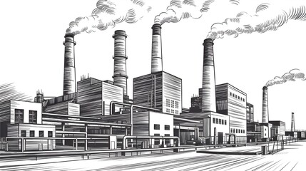 Fototapeta premium Black and White Industrial Factory Sketch with Smoke Stacks