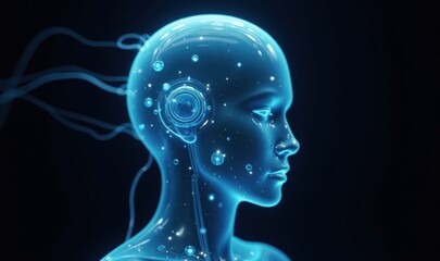 Obraz premium A futuristic representation of a digital humanoid head, showcasing glowing connections and intricate patterns, ideal for concepts in AI, technology, and innovation.