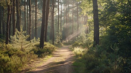 Fototapeta premium A serene forest path illuminated by soft sunlight filtering through tall trees.