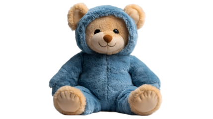 a stuffed bear wearing a blue hoodie.