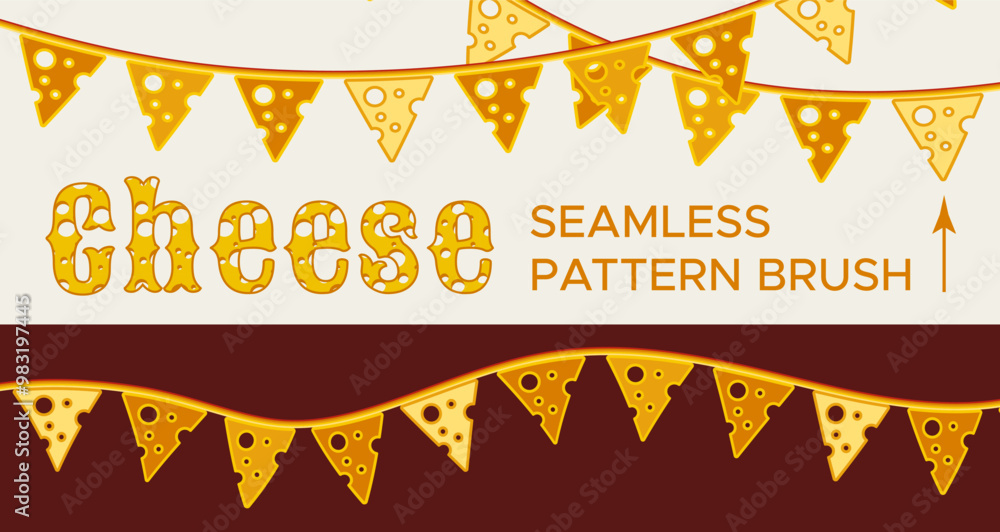 Poster pattern brush with triangular slices of cheese like festive garland with flags. design element for c