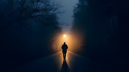 Fototapeta premium Silhouette of Person Walking Towards Light in Foggy Forest at Night