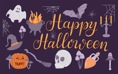 Happy Halloween flat banner with hand drawn related elements and calligraphy text. Spooky design for Halloween on black background. Template for background, banner, card, poster