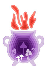Obraz premium Witch cauldron with poisonous fungus. Halloween holiday papercut illustration. Holiday vertical banner isolated on white background