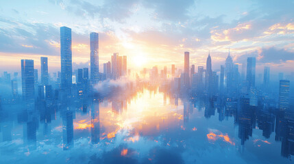 Fototapeta premium A city skyline with a sunset reflected in the water below.