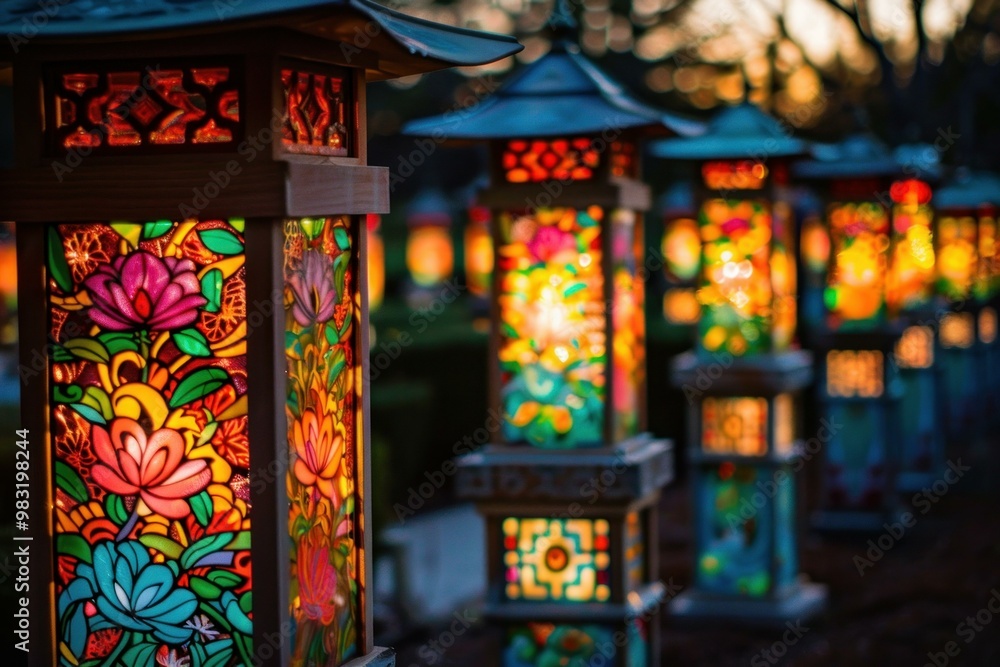 Aufkleber row of colorful paper lanterns illuminating with candlelight at dusk, creating a magical atmosphere