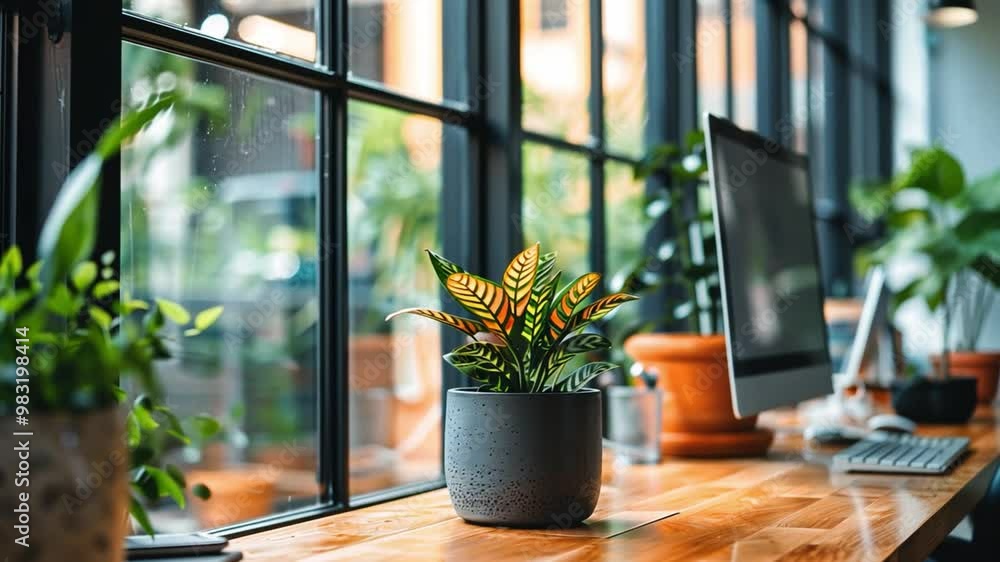Poster natural light streams through large windows into a cozy workspace, illuminating a small potted plant