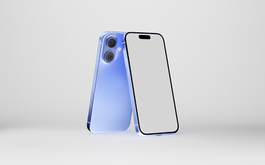 Smartphone with a blank screen on a white background. Iphone 16 mockup. Smartphone mockup closeup isolated on white background.