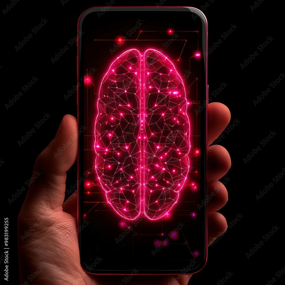 Poster a hand holds a smartphone showing a vibrant brain design filled with bright dots and connections. th