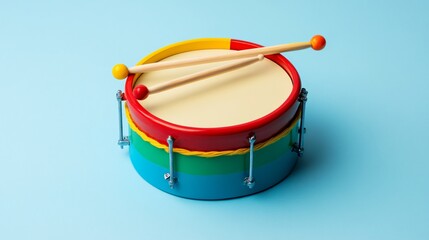 Colorful toy drum with small drumsticks, isolated on a light blue background
