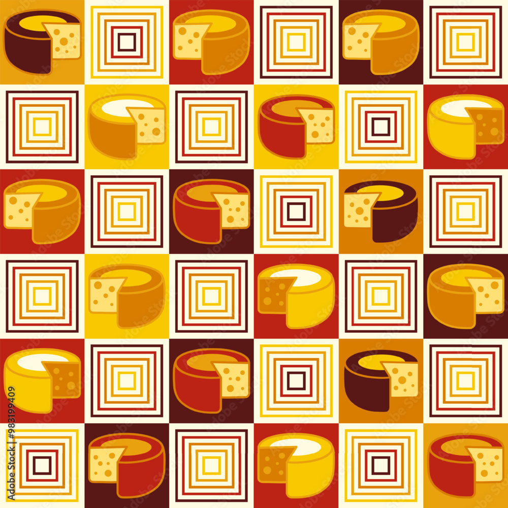 Poster seamless geometric checkered pattern with icons of cheese, square outline shapes in flat simple geom