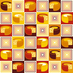 Seamless geometric checkered pattern with icons of Cheese, square outline shapes in flat simple geometric style. Classic checkered square grid. For branding, food packaging, textile kitchen prints