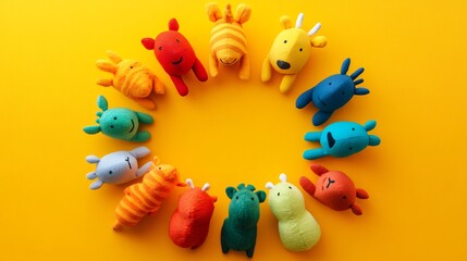 Obraz premium Finger puppets shaped like animals, arranged in a circle, isolated on a bright surface