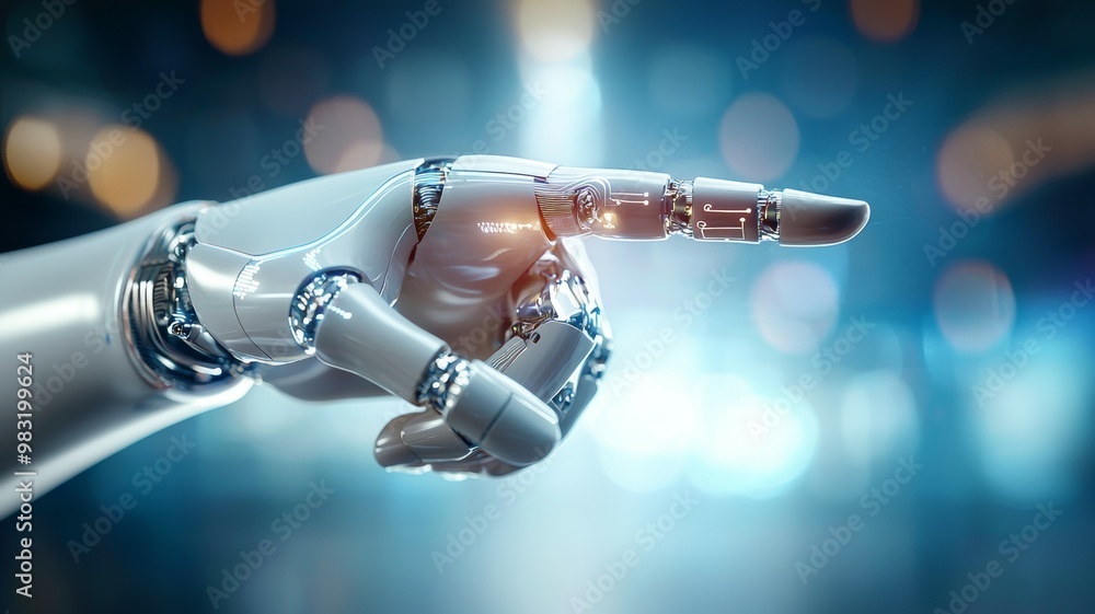 Poster a robot hand pointing to a light in the background