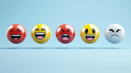 A row of five different colored and shaped emoji faces, with one white one red