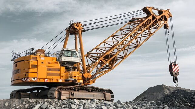 Large Yellow Crawler Crane Lifting Heavy Load in Quarry