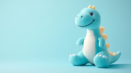 Obraz premium Plush dinosaur toy with embroidered details, isolated on a pastel blue backdrop