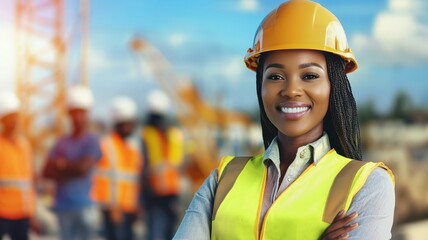 A woman wearing a yellow safety vest and a hard hat is smiling for the camera