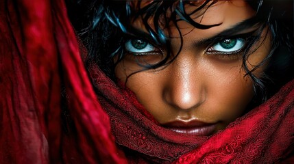   A woman with blue eyes is shown in a close-up, wearing a red scarf that conceals her face