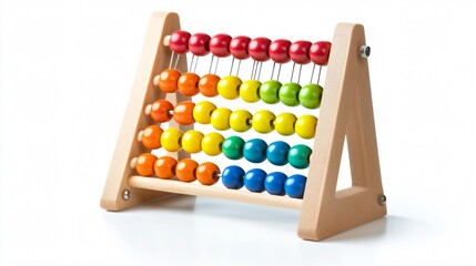 Wooden abacus with brightly colored beads, isolated on a white background