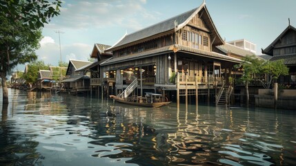 Obraz premium Charming Wooden Lakehouse with Reflection on Tranquil Thai Lake