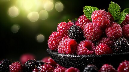   A photo of a bowl filled with raspberries and blackberries, with a green leaf resting atop it